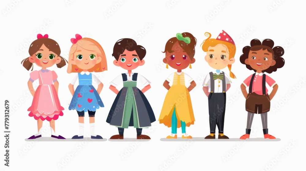 Charming cartoon children in traditional costumes - Group of cute illustrated children dressed in various traditional and festive costumes Charming cartoon children in traditional costumes - Group of cute illustrated children dressed in various traditional and festive costumes