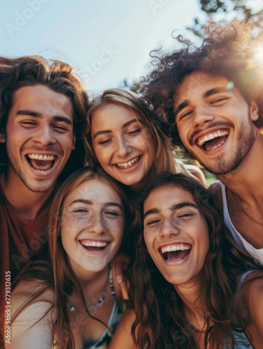 Youthful friends in a close group selfie - Energetic and happy young people sharing smiles and togetherness in a gleeful selfie © Tida