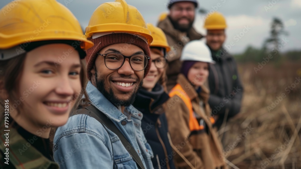 Outdoor shot of multicultural construction crew - Multicultural group of construction workers with safety helmets in an outdoor natural setting, showcasing diversity and teamwork Outdoor shot of multicultural construction crew - Multicultural group of construction workers with safety helmets in an outdoor natural setting, showcasing diversity and teamwork