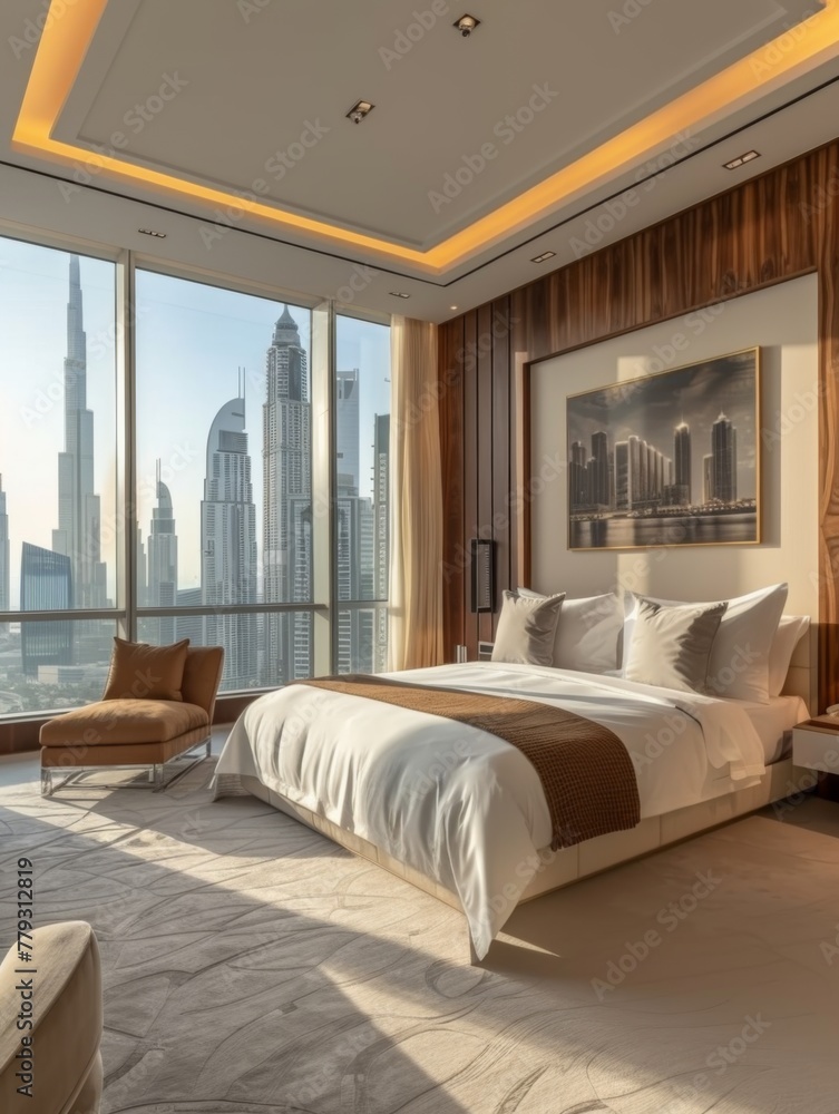 Luxury bedroom with view of city skyline - Modern luxury bedroom with large windows displaying breathtaking views of the city skyline and skyscrapers Luxury bedroom with view of city skyline - Modern luxury bedroom with large windows displaying breathtaking views of the city skyline and skyscrapers