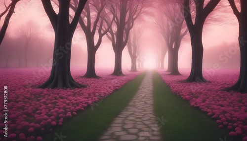 Dreamy and mysterious surrealist style, I NEED 2 paths, two 2 on the same image, a path on the right, very engaging with flowers and beautiful pink light, and a path on the left with a very creepy moo photo