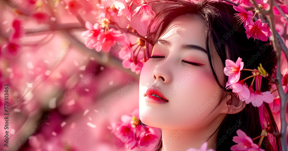 A young Asian woman is enjoying the beauty of the cherry blossom on a cherry tree.
