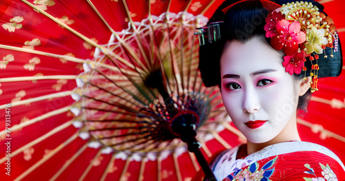 Portrait of a Japanese Geisha with an Umbrella