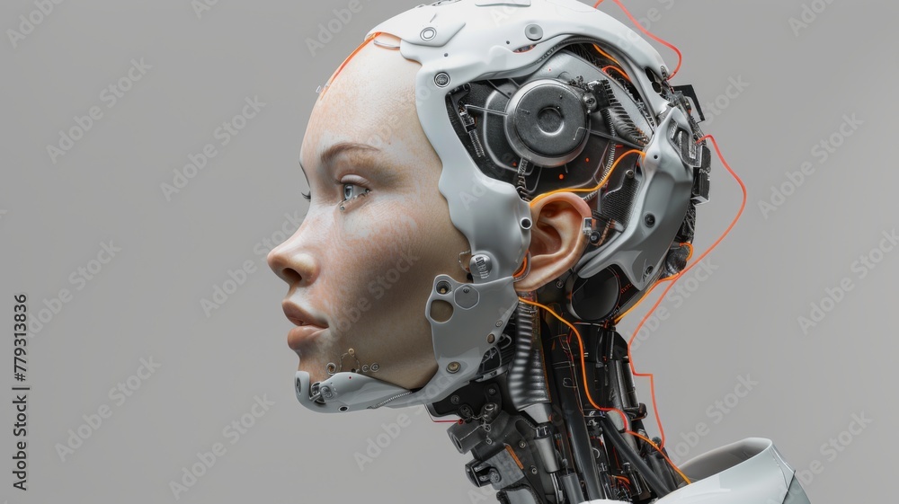 Side view of female robot head and neck - Side profile of female robot showcasing the sophistication of artificial intelligence design Side view of female robot head and neck - Side profile of female robot showcasing the sophistication of artificial intelligence design