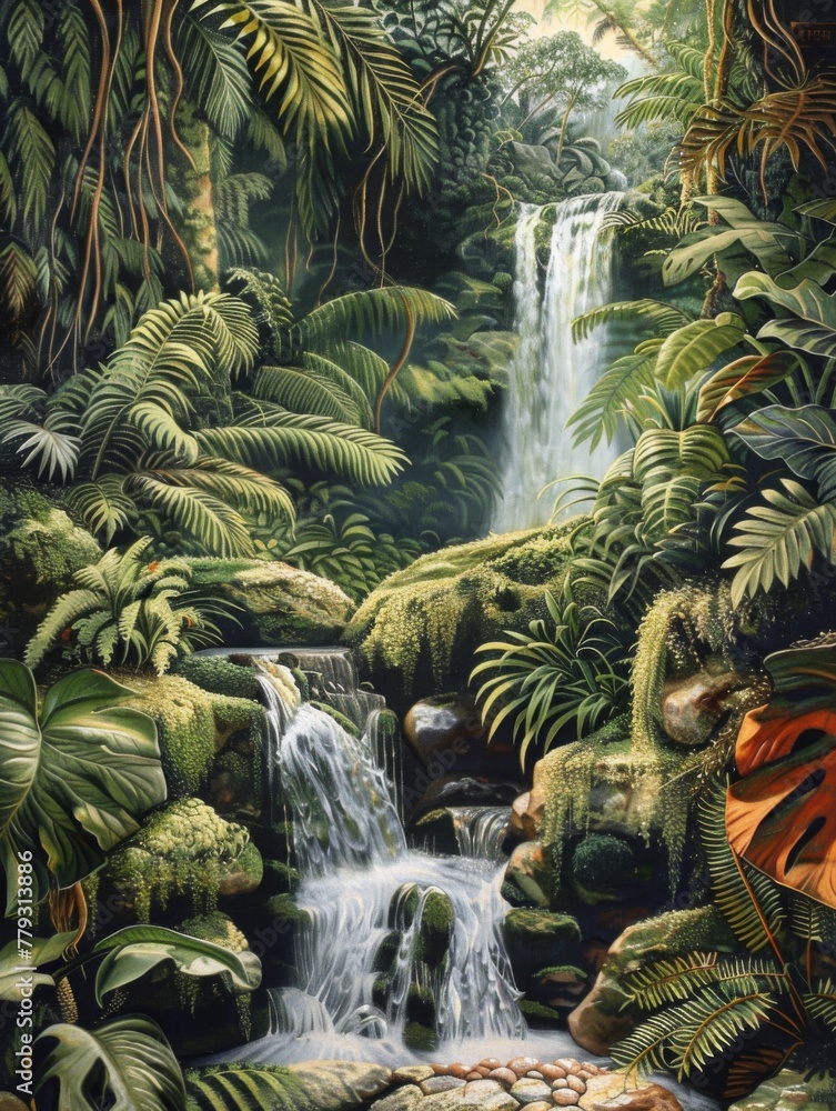 Fototapeta premium Vintage painted waterfall in a tropical rainforest - The artwork captures a majestic waterfall flowing through a dense tropical rainforest in a vintage painting style