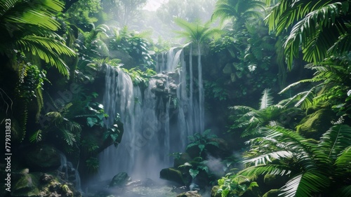 Mystical tropical waterfall in lush forest - Serene and mystical  this tropical waterfall is nestled within a lush  vibrant rainforest  invoking a sense of peace