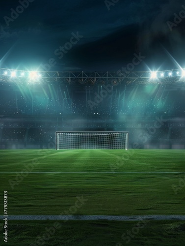 Illuminated empty football field at night - Striking view of an empty football field with the goalpost lit dramatically by stadium lights