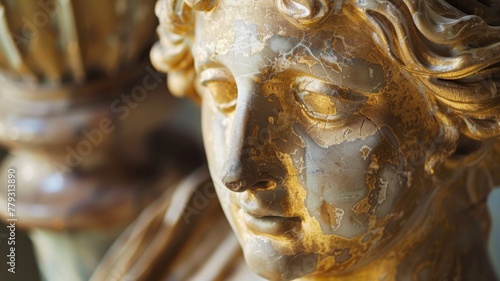 Serene golden statue with intricate details - The image portrays the serene countenance of a statue with fine details and a sense of tranquility that it exudes