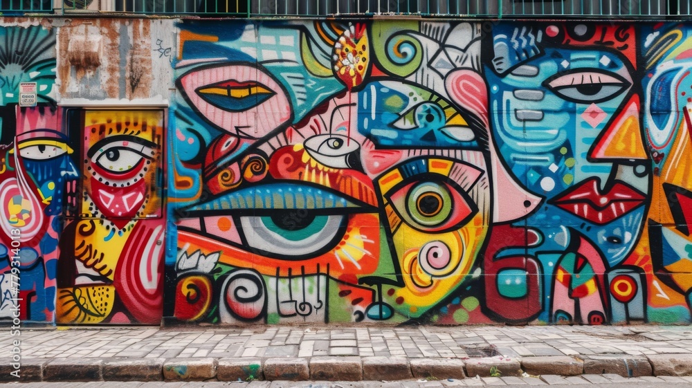 Fototapeta premium Colorful urban street art graffiti on wall - Vibrant graffiti street art covers a city wall with bold colors and expressive abstract designs