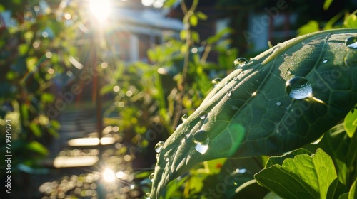 a single water droplet on a big leaf in an eco-garden in sunlight