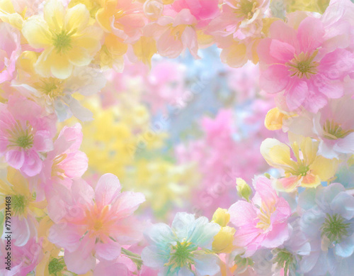 ふんわりカラフルな満開の花のフレーム © Laxmico