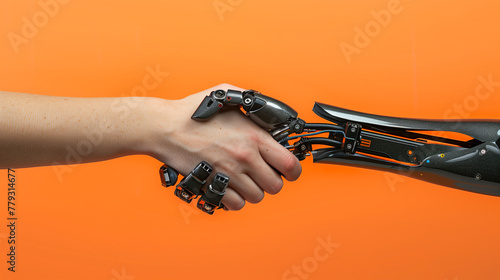 A robotic hand and a human hand engaging in a handshake, representing human-robot collaboration.