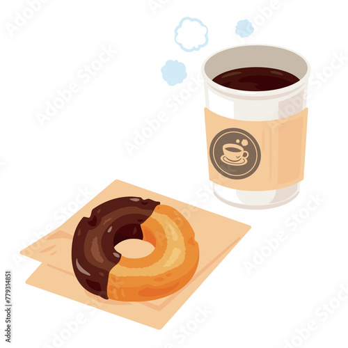 ドーナツと蓋つき紙コップに入ったコーヒー