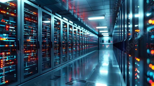 Data center abstract background, database within terminal storage, hardware server room, cloud computing, and network hosting within a rack system.