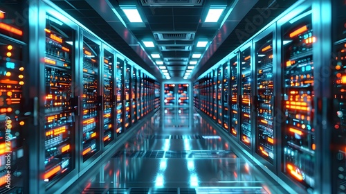 Data center abstract background, database within terminal storage, hardware server room, cloud computing, and network hosting within a rack system. photo