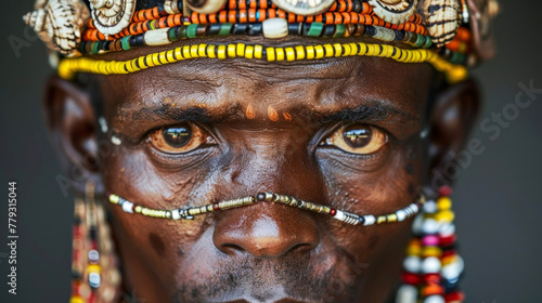 An intense gaze and a striking pose make this black mans portrait truly captivating. He is adorned with unique beaded jewelry and a headpiece made from cowrie shells showcasing the . photo