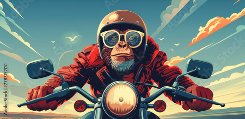 A vibrant illustration of a monkey on a motorcycle, cruising on an open road against a sunset backdrop.