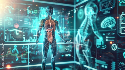 Anatomical human body with highlighted organs analysis - 3D render of a transparent human body with illuminated organs showcasing medical diagnostics and human anatomy © Tida