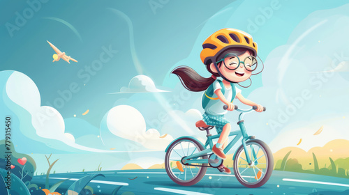 Joyful young girl with glasses and a helmet joyfully riding her bike in a nature setting with a plane in the sky.