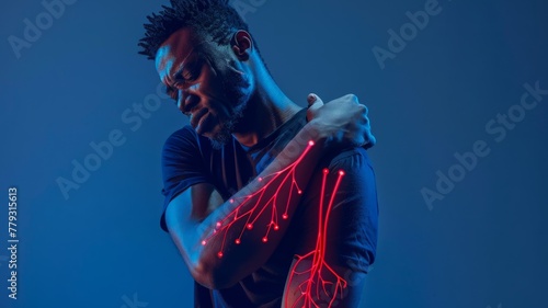 Digital graphic of man with highlighted elbow pain - A conceptual digital imagery showing a male figure with elbow joint pain highlighted in red, symbolizing discomfort
