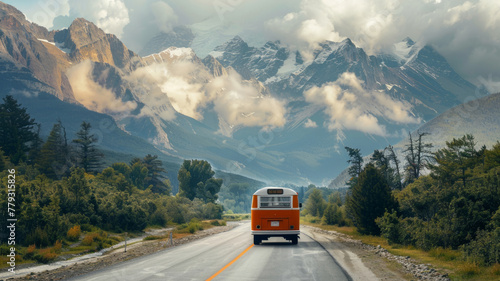Vintage orange bus on a mountain road trip - A retro-looking, orange-colored bus travels on a road amidst a breathtaking mountain landscape promoting adventure and travel
