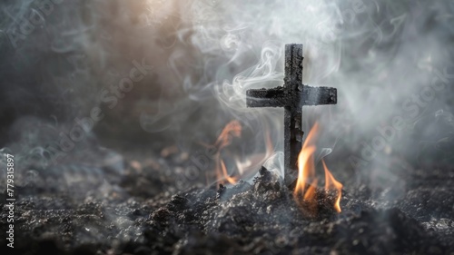 Burning cross in smoky atmosphere - A symbolic black cross burns with impressive flames amidst a haunting, smoke-filled landscape