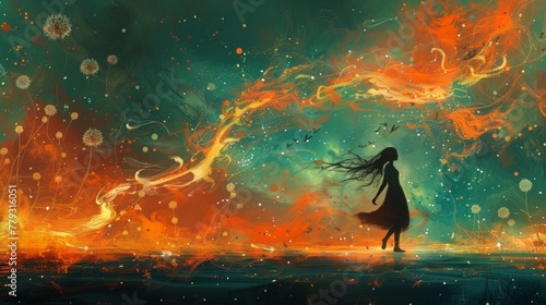 an art about some river in a silhouette of a girl. The river is flowing out like air. the color of painting is in orange, green, white and a little blue. photo