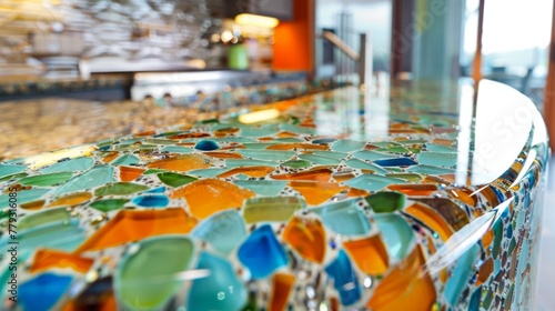 The Timeless Modernity recycled glass countertops in this kitchen offer a unique and artistic element to the space. Made from a mix of vibrant orange blue and green glass pieces the .