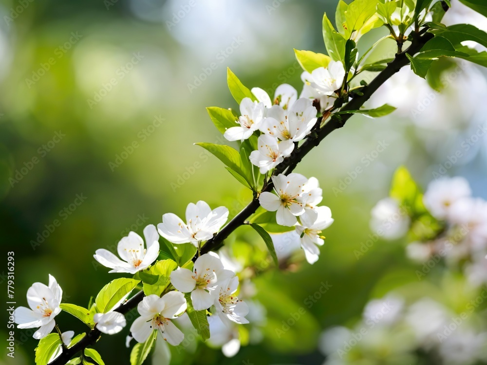 A branch of white flowers with green leaves. Concept of freshness and vitality