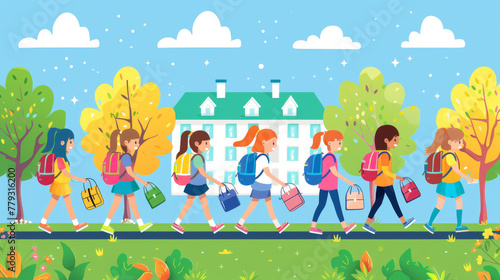 Vibrant illustration depicting young schoolgirls with colorful backpacks on their way to school amidst a scenic backdrop.