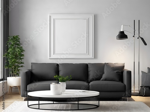 Interior of modern living room with black sofa and white mock up poster.