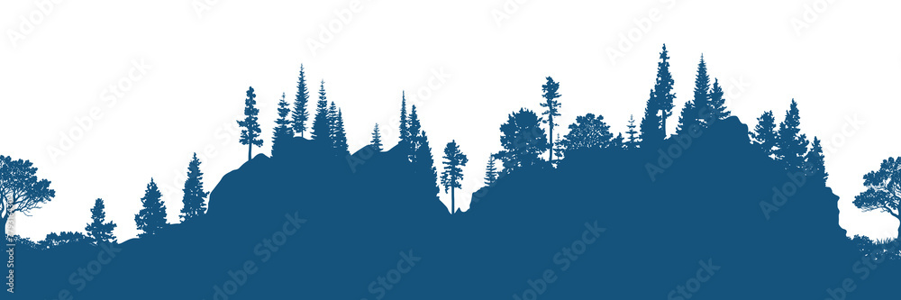 Silhouette of a forest, seamless border, isolated on white background	