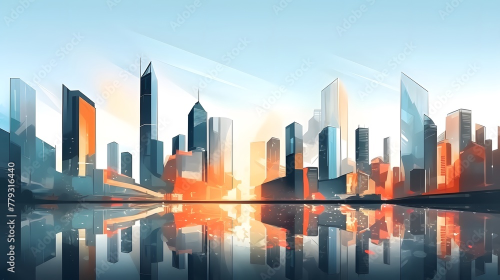 Obraz premium Skyscrapers abstract background at sunset or sunrise, intricate geometric pattern of towering structures, detailed perspective graphic painting of buildings, Architectural illustration for financial, 