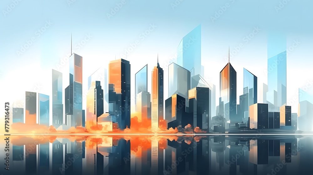 Skyscrapers abstract background at sunset or sunrise, intricate geometric pattern of towering structures, detailed perspective graphic painting of buildings, Architectural illustration for financial, 