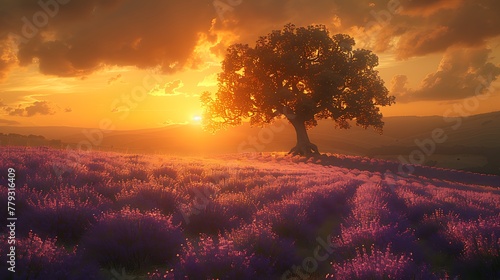 A field of lavender under a golden sunset, with a solitary oak tree casting a long shadow