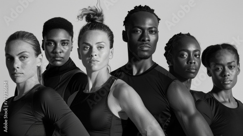 A group of diverse athletes all dressed in black strike a powerful pose against a white backdrop. The blackandwhite imagery highlights their diverse backgrounds and unique styles while . photo
