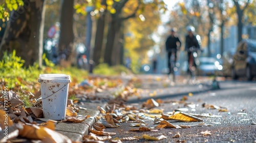 An urban bike path with a designated stop for cyclists to dispose of their biodegradable food wrappers and packaging encouraging ecofriendly practices while on the go. .