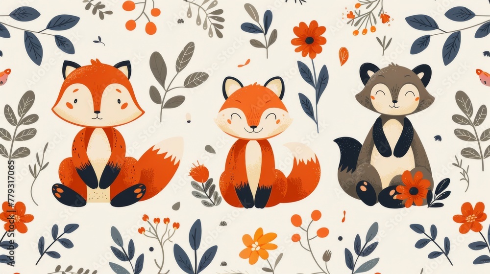 Illustration of adorable fox characters in various poses with autumn leaves and berries on a light background. Illustration of adorable fox characters in various poses with autumn leaves and berries on a light background.