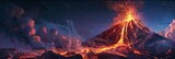 A fiery volcano erupting at night, with lava flowing down its slopes and ash filling the sky.