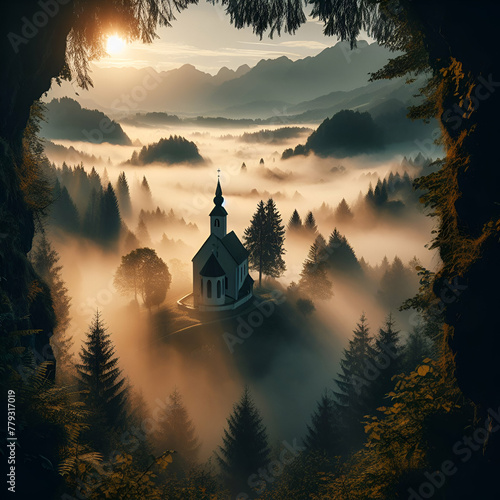 View Through an Opening in the Trees of a Morning Mist Rising from Heart of Valley Enveloping the Spirits of Beautiful Majestic Mountain Solitary Chapel Church on Top of Hill. Honor Dead Mother of God photo