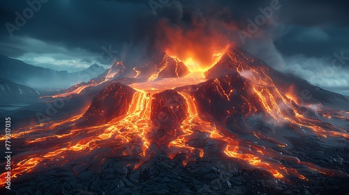 A fiery volcano erupting at night, with lava flowing down its slopes and ash filling the sky.