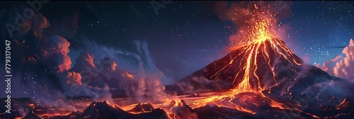 A fiery volcano erupting at night, with lava flowing down its slopes and ash filling the sky. photo