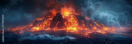 A fiery volcano erupting at night, with lava flowing down its slopes and ash filling the sky.