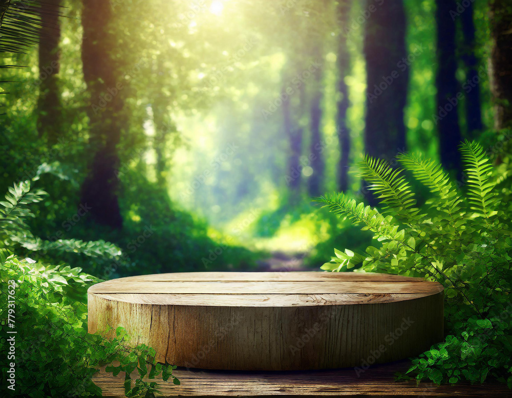 wooden podium in the forest. Podium for presentation of products or organic cosmetics. Mockup background with plants and leaves in forest with empty space for text. Generative AI. wooden podium in the forest. Podium for presentation of products or organic cosmetics. Mockup background with plants and leaves in forest with empty space for text. Generative AI.