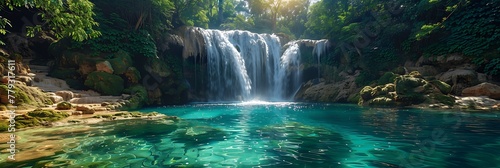 A majestic waterfall cascading into a crystal-clear blue pool surrounded by lush greenery.