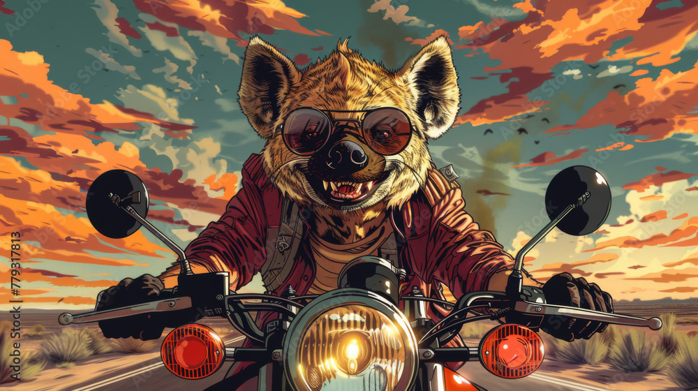 A fierce hyena wearing sunglasses riding a motorcycle in a desert landscape at sunset.