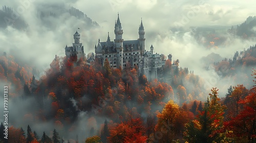 A medieval castle perched atop a hill, surrounded by a misty forest in autumn colors