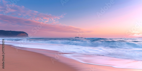 A serene beach at sunset with gentle waves rolling onto the shore.  Sunset Vibes on a Peaceful Beach