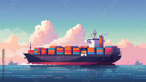 Pixel art style illustration of a colorful cargo ship on the ocean with a cloudy sky backdrop.
