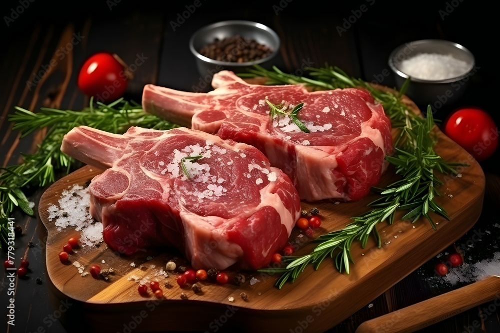 Close-up of a fresh piece of beef meat, steak with herbs and spices on a wooden board on a dark background,  generated by AI